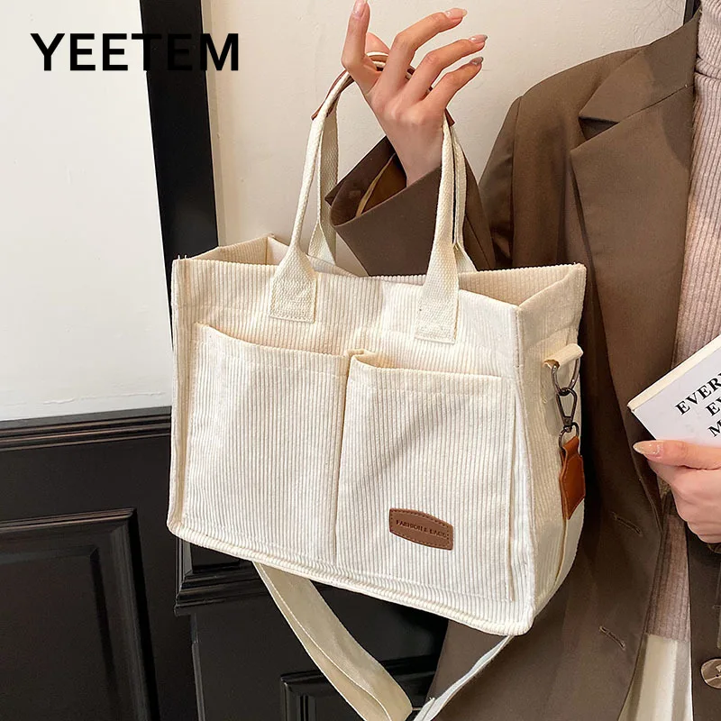 

Women's Simple Fashion Corduroy Portable Tote Bag Female Ins Literary Style Multi-pocket Printing One Shoulder Diagonal Bag