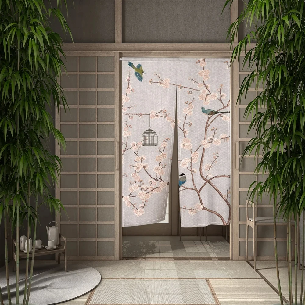 Chinese Traditional Flower Bird Print Door Curtain Japanese Noren Doorway Curtains Partition Kitchen Toilet Hanging Half-Curtain