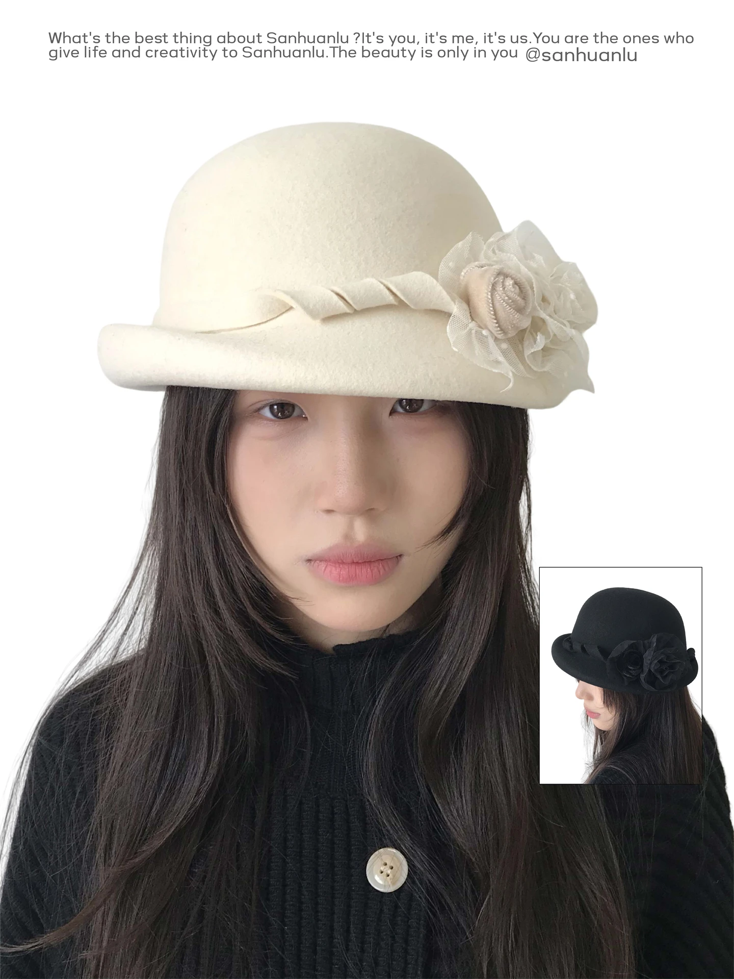 エレガントなウールの花柄帽子、三連リングロードレトロネットレースフラワーギフトキャップ、ファッショナブルなオールマッチ秋冬暖か装飾