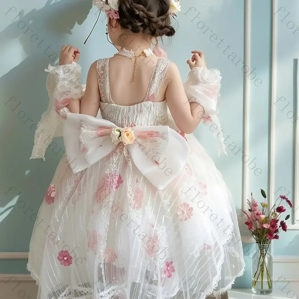 Customized Kids Floral Print Lace Lolita Dress Spaghetti Strap Flower Decor Detachable Ruffle Arm Cuffs Toddler Girls Birthday