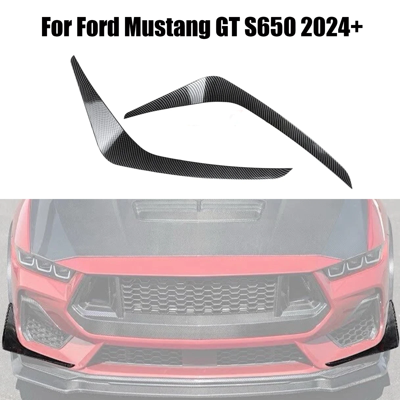 Front Bumper Side Canards Dive Planes Trim For Ford Mustang GT S650 2024 2025 Glossy Black Carbon Fiber Look
