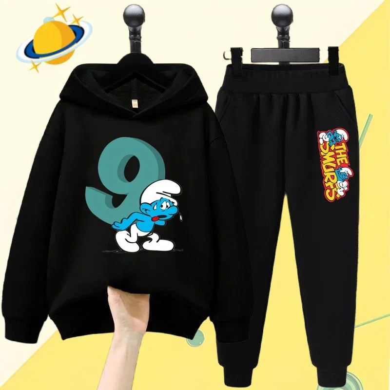 Smurf Smurfette anime children's hoodie set Cartoon print Autumn/Winter long sleeve sweatshirt Boy/Girl Kawaii casual top gift