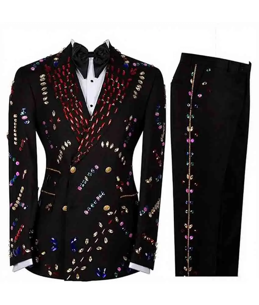 

Luxury Crystal Embellished Men's Formal Suit Double Breasted Jacket Trousers Set for Groom Dinner Banquet.