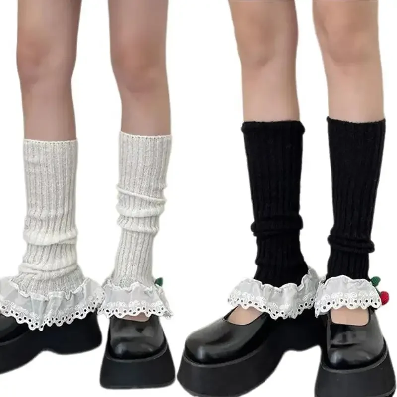 Women Girl Aesthetic Ribbed Knit Leg Warmer Socks with Cherry Bowknot Japanese Ruffled Lace Trim Leg Cover Boot Cuffs