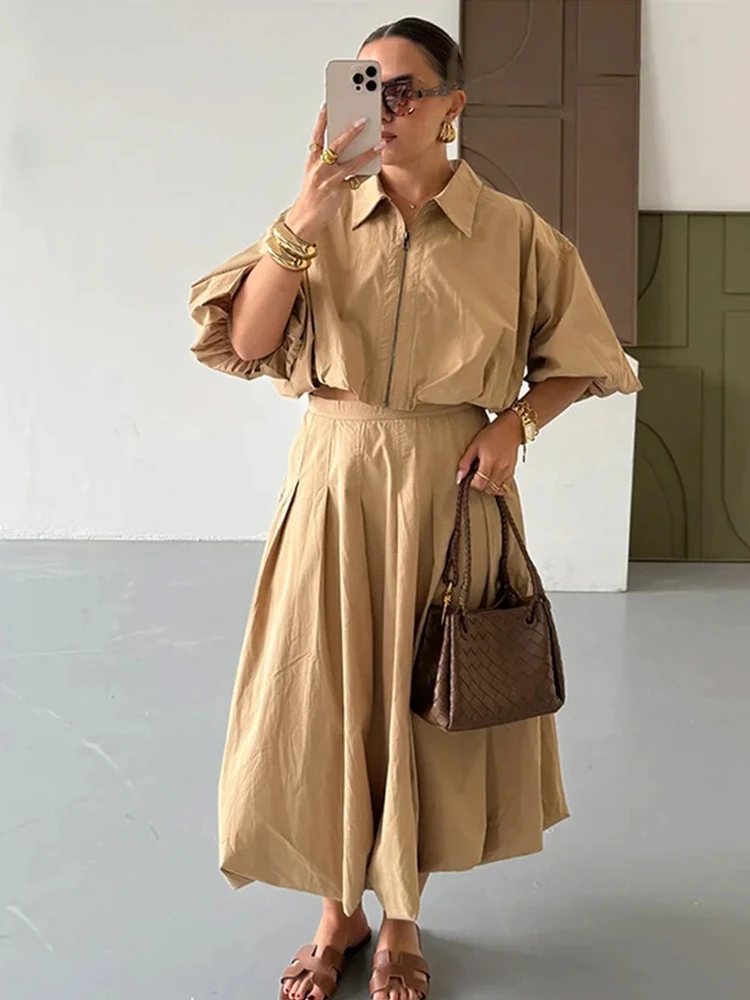 HH Women's Autumn Fashion Three-quarter Sleeves Lapel Zipper Top+Pleated Lantern Flower Bud Casual 2-Color Long Skirt Suit image 3