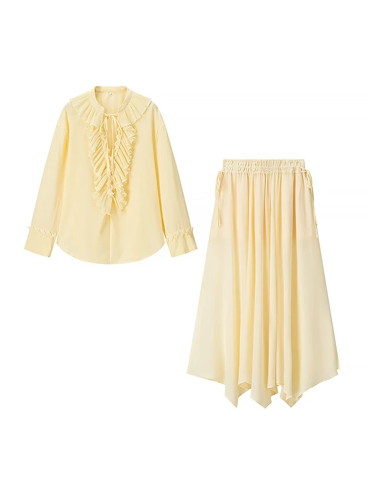 

European style new women's clothing fashionable and versatile temperament solid color lace long-sleeved shirt skirt suit