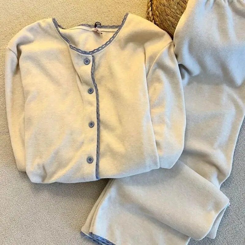 

Woman Edging Pajamas Sets Girl Kawaii Long Sleeves Pants Simple Leisure Wear Soft Four Seasons Clothes Thin Warm Sleeping Wear