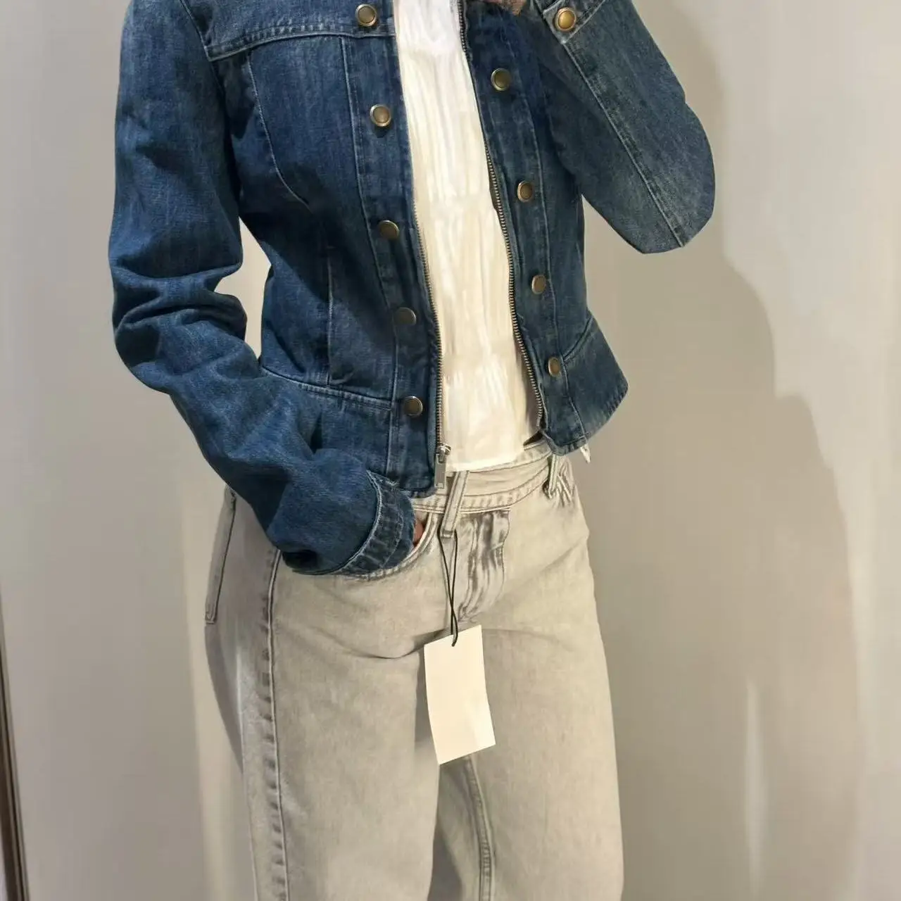 Retro Biker Style Short Denim Jacket Women's Stand Collar Double Row Metal Buckle Slim Fit Long Sleeve Decorative Fashion