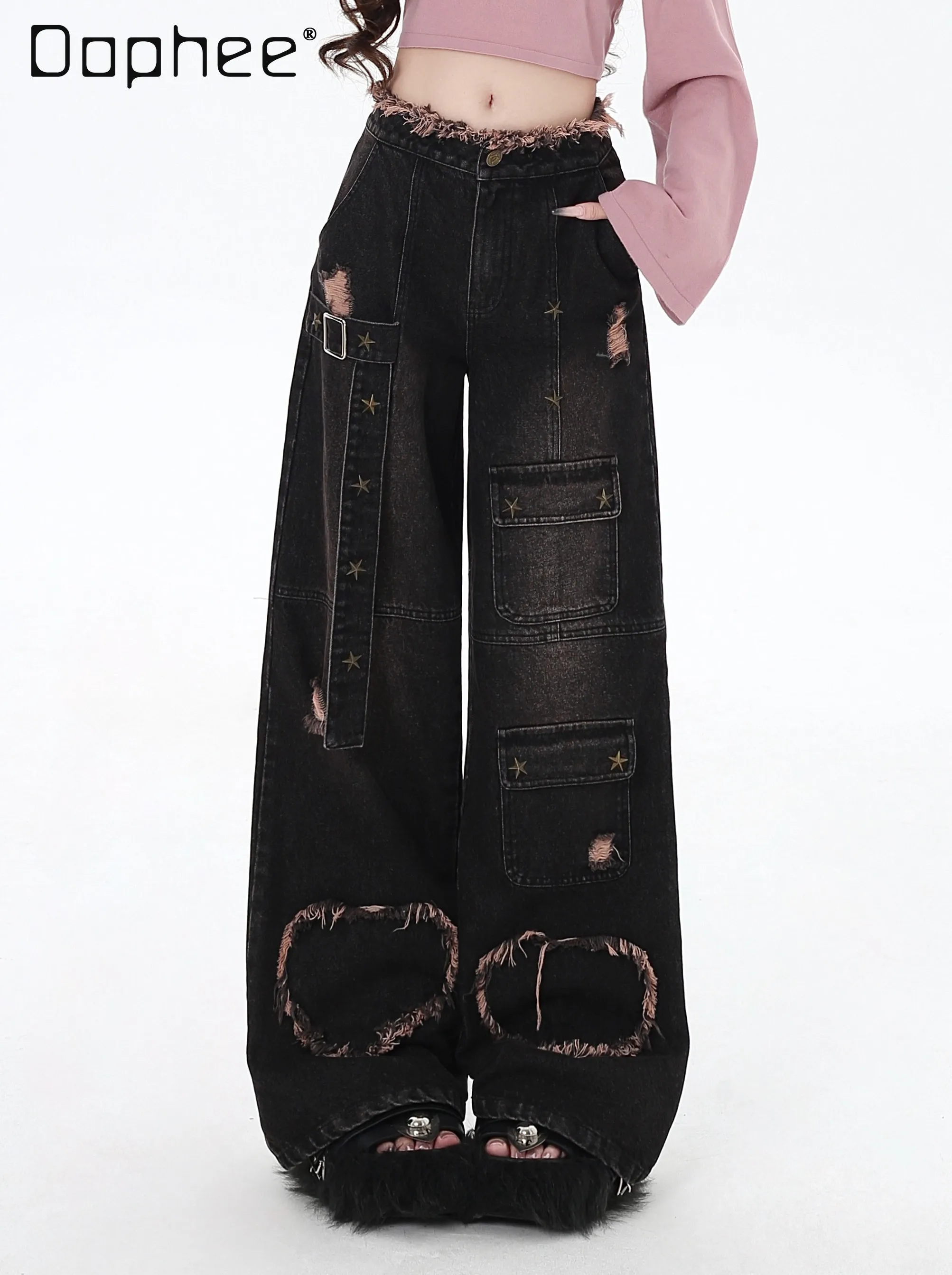 

High Street Ripped Denim Pants Women Y2k Heavy Industry Multi Pocket Raw Edge High Waist Wide Leg Pants Cargo Jeans Casual