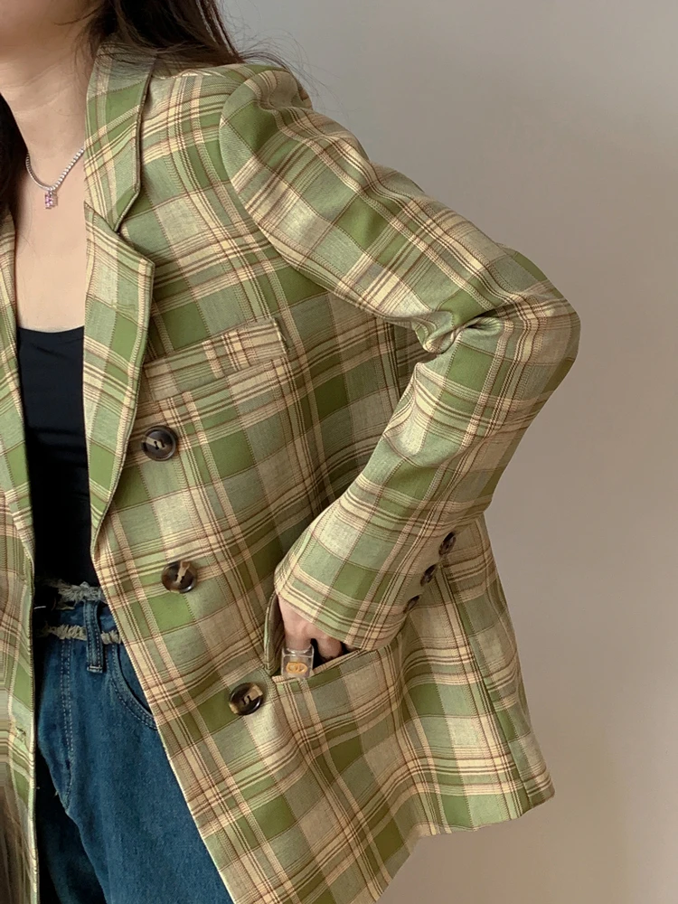 Colorfaith JK6100 New 2023 Women\'s Blazers Oversized Plaid Buttons Pockets Jackets Notched Vintage Checkered Spring AutumnTops