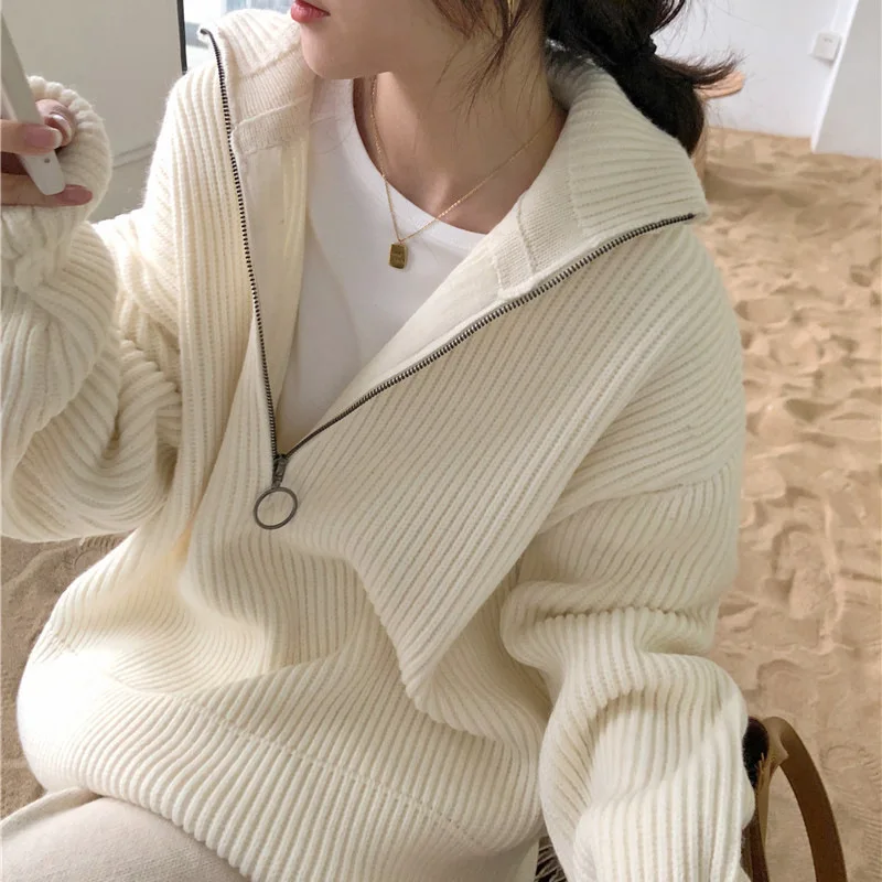 OMCHION Pull Femme Korean Style Loose Knitwear Solid Color Zippers Sweter Women Turtleneck Autumn Vintage Retro Pullover