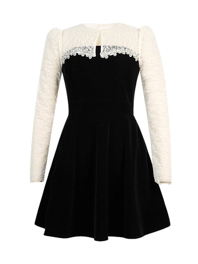 Elegant Black Velvet & White Lace Spliced Evening Party Dress Women's Cute Sexy Sheer Swing Ball Gown Lady Prom Vestidos Dating