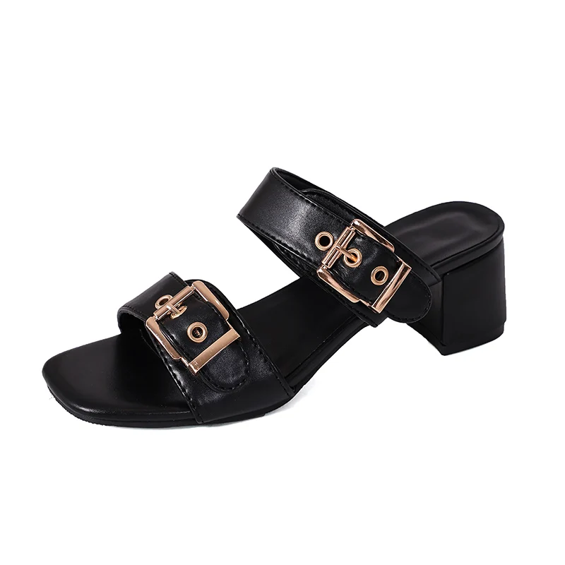 

Summer New Arrival Women's Square Toe Block Heel Sandals, Black Double Strap Heeled Slides for Work, Dating & Casual Outings
