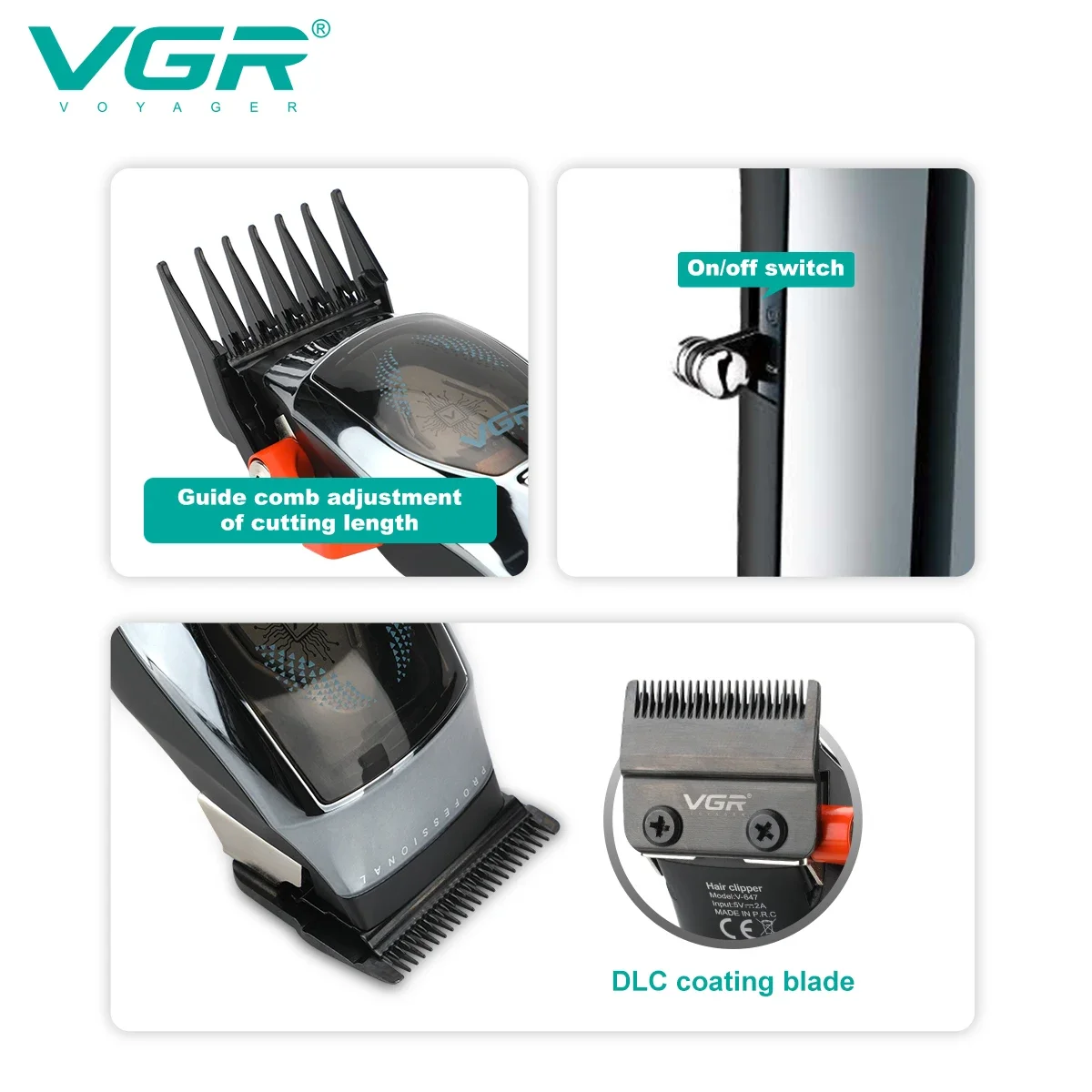 VGR Hair Trimmer Electric Hair Clipper Barber Professional Hair Cutting Machine 9000 RPM Haircut Cordless Trimmer for Men V-647