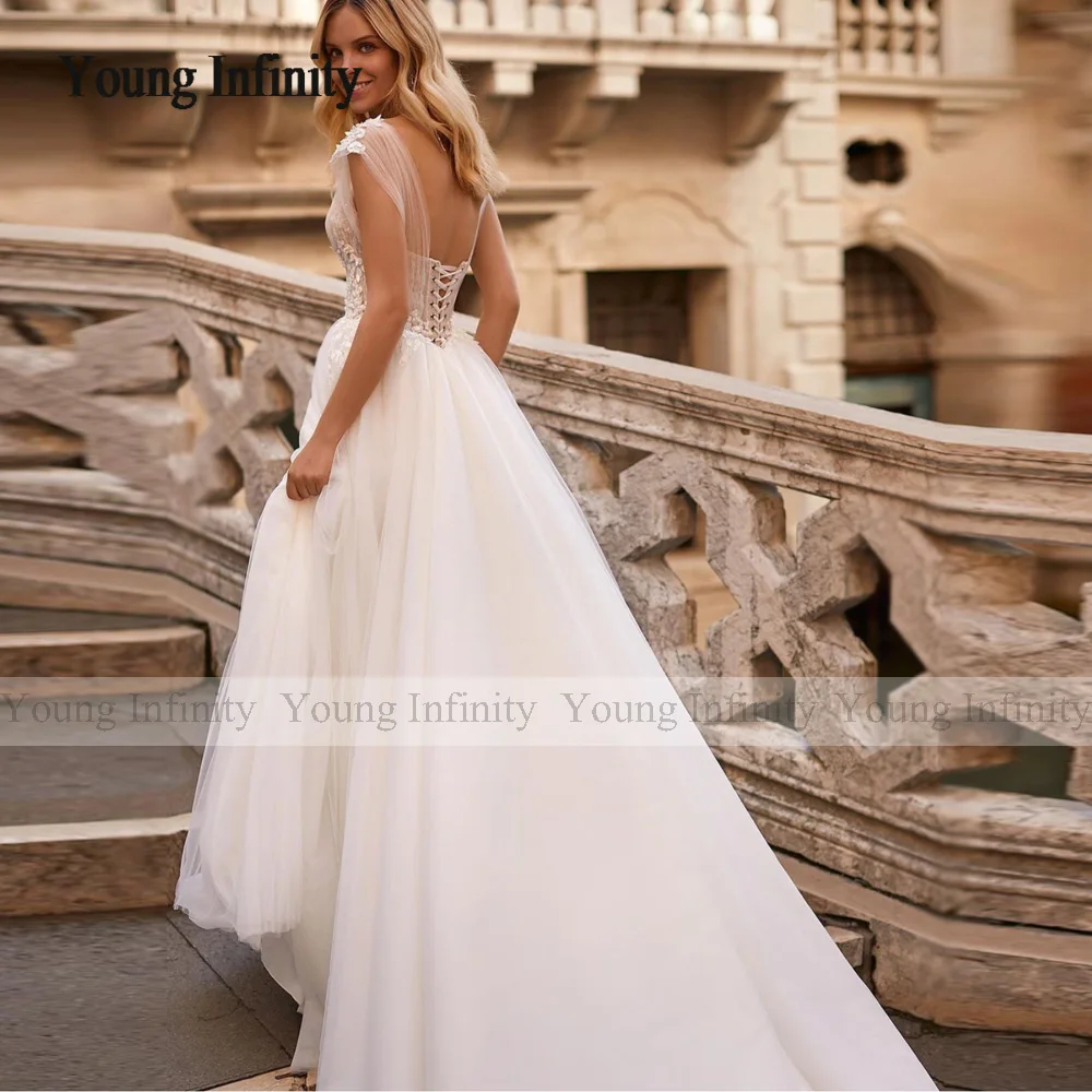 Romantic A Line Wedding Dress 2024 Bridal Gown V Neck Off Shoulder Backless Applique Chapel Train White Ivory Formal Woman Wear