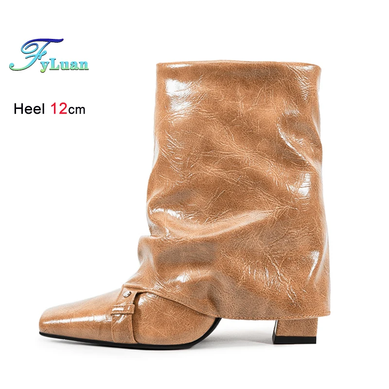 

Woman Spring Thick Heel 12CM Square Toe Mid Calf Boots Western style Shoes Belt Buckle Turned-Over Edge Knight Boots For Women