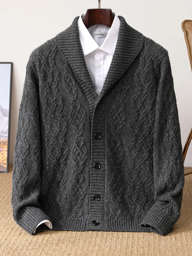 

Chic Men's Thick Cable Stitch Cardigan 100% Merino Wool Knitwear Button Simple Casual Soft Warm Business Neck Sweater Tops