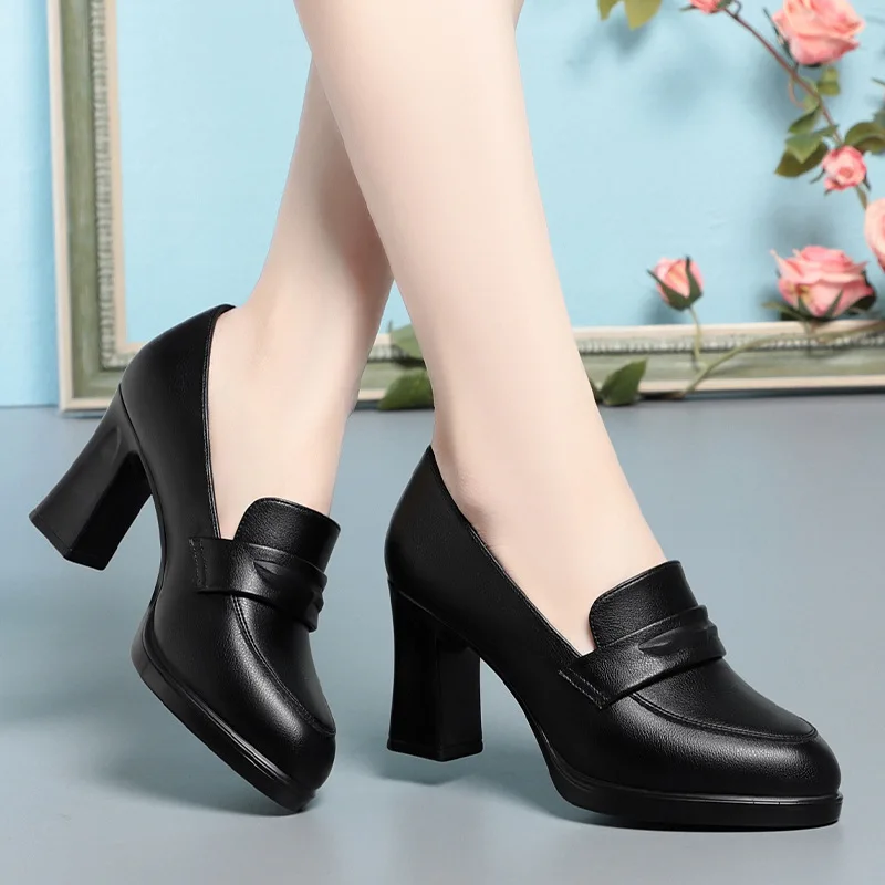 

High Heels Women's 2024 Spring/Autumn New Black Work Shoes Block Heel Leather Mary Jane Commuting Mom Single Shoes Platform