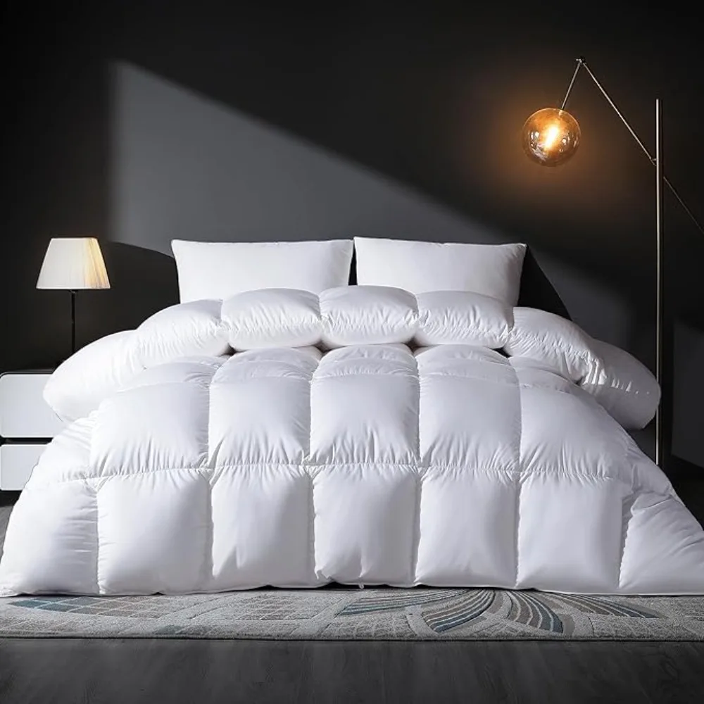 Luxury Feather Down Fiber Comforter King Size Duvet Insert, All Season True Baffle-Box Noiseless Bedding Comforters - White