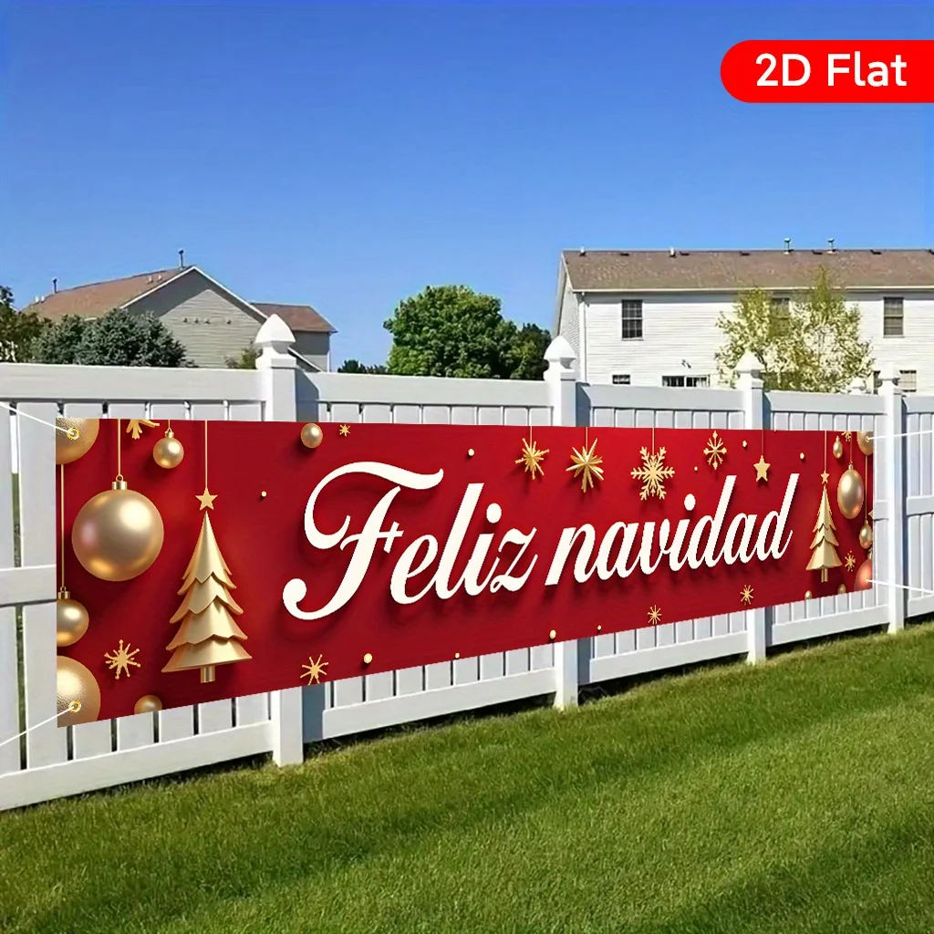 Plano 2D 1 pieza de pancarta navideña española "Feliz Navidad" de poliéster - diseño rojo y dorado - Decoración navideña