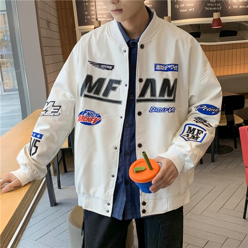 American Embroidery Baseball Uniform Racing Suit Leather Jacket Men New Fashion Hip Hop Punk Loose Streetwear Motorcycle Jackets