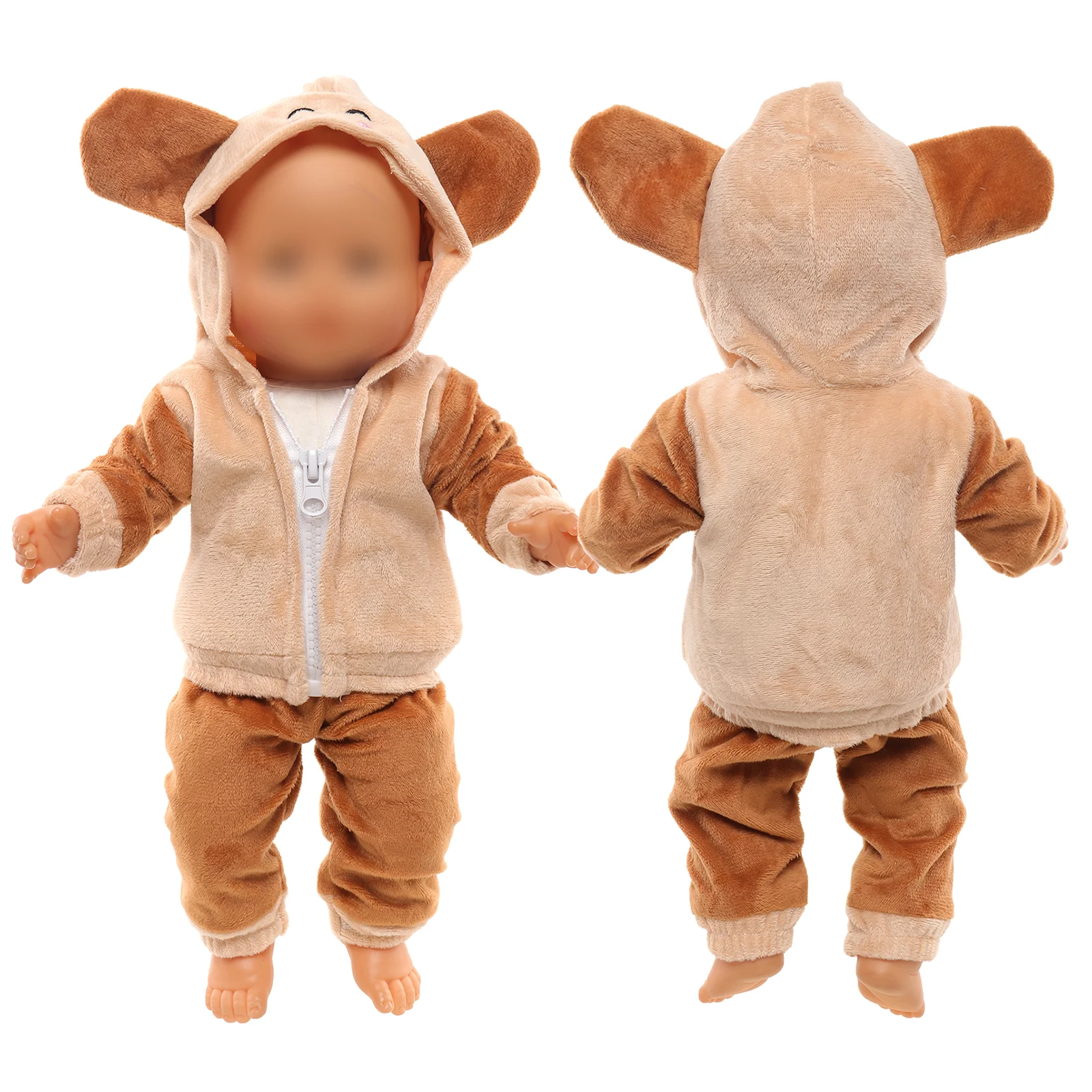 BARWA Doll Clothes Baby Doll Brown Plush Hooded Long Sleeved coat (With Zipper)+Relaxed and Loose Fitting Pants