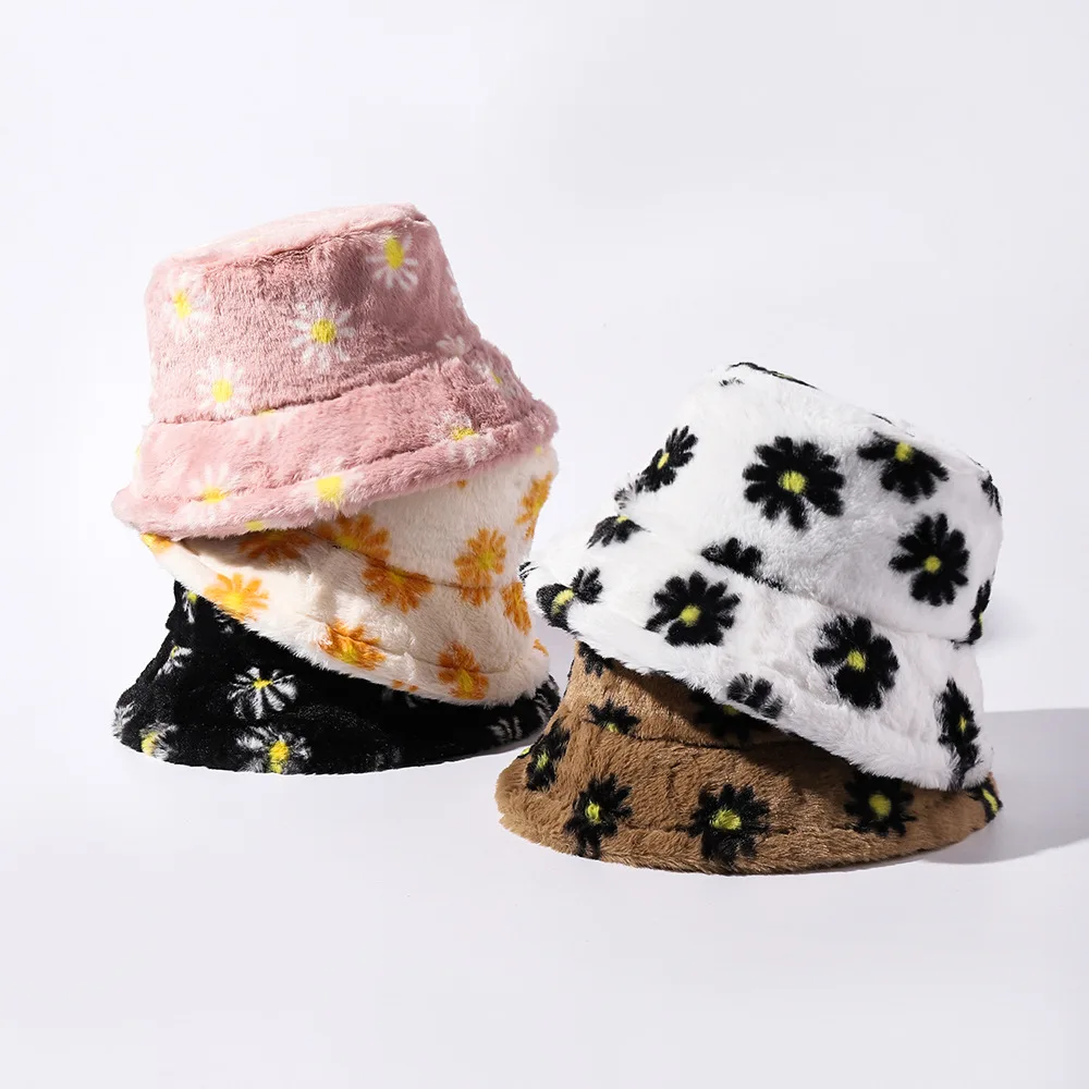 

Flowers Print Faux Fur Fluffy Bucket Hat Women Outdoor Warm Hats Soft Velvet Furry Fisherman Caps Girl Fashion Panama 2025