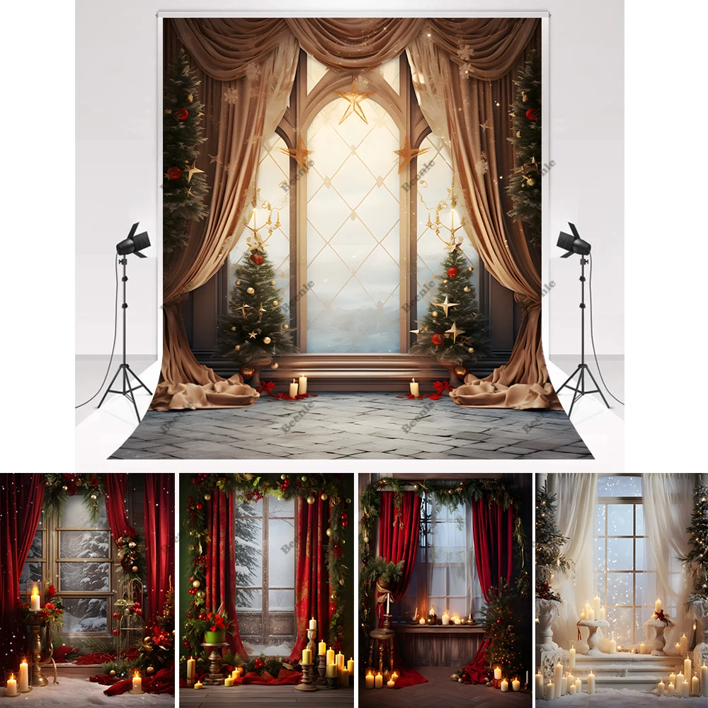 

Christmas Party Backdrop Red Curtain Window Christmas Tree Gifts Kids Portrait Family Party Photography Background Photo Props