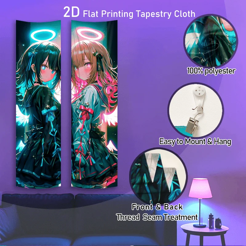 2D Flat Anime Style Angelic Girl with Halo Vertical Tapestry, Illustrative Anime Character Wall Art for Home Party Decor, Comes