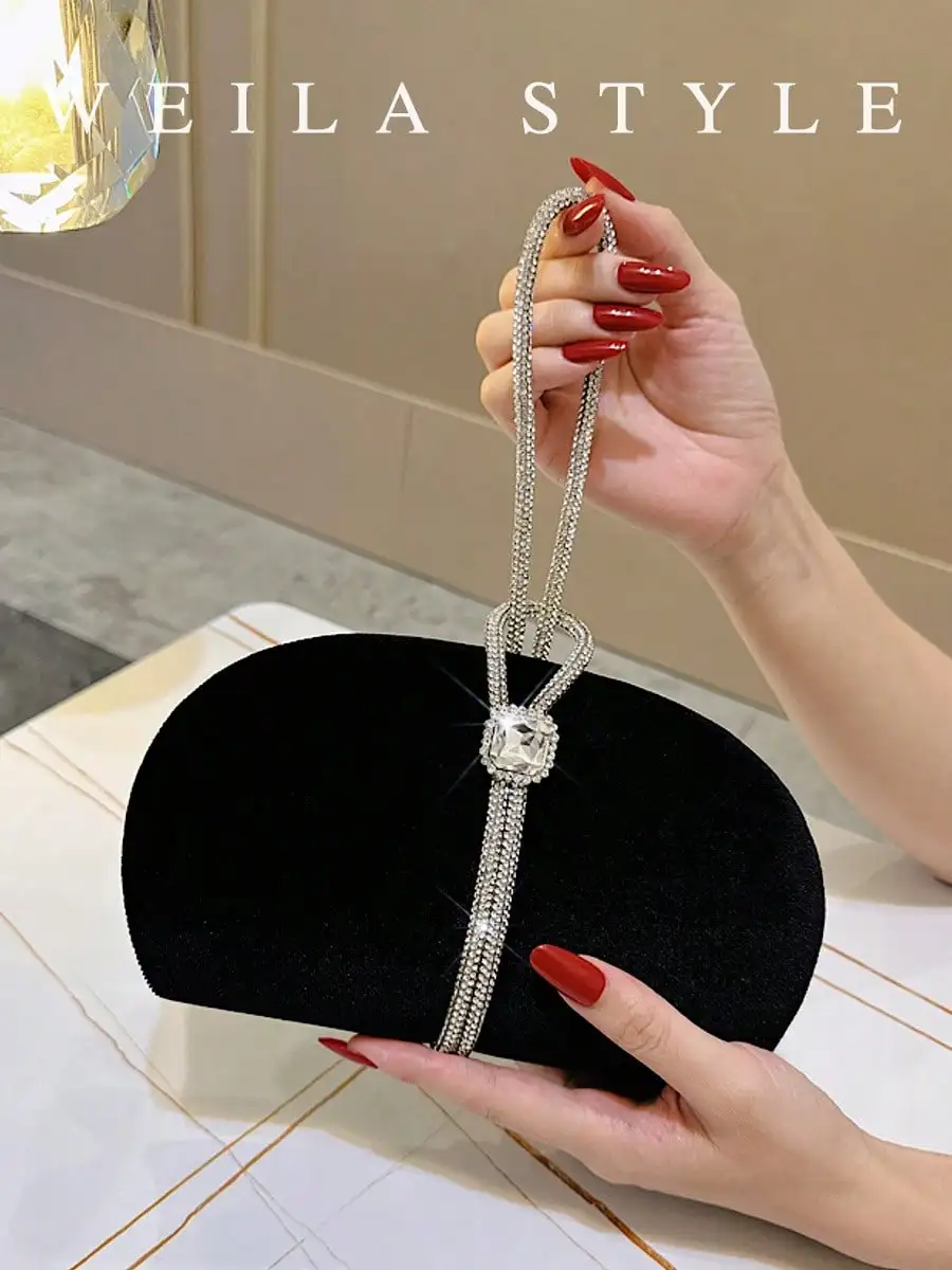 

Elegant Sparkly Black Velvet Evening Bag - Rhinestone Semicircle Clutch with Crossing Handle for Weddings/Parties