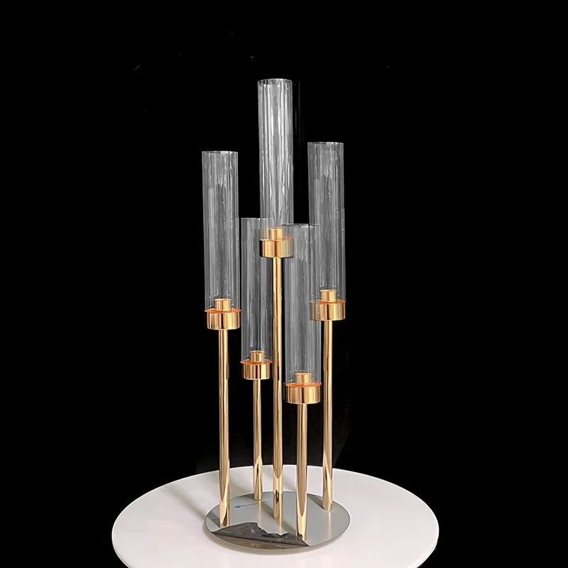 Luxury Metal Gold 5 Arms Candlestick Floor Candle Rack Wedding Candle Holder Centerpieces for Wedding Table Decoration 68CM