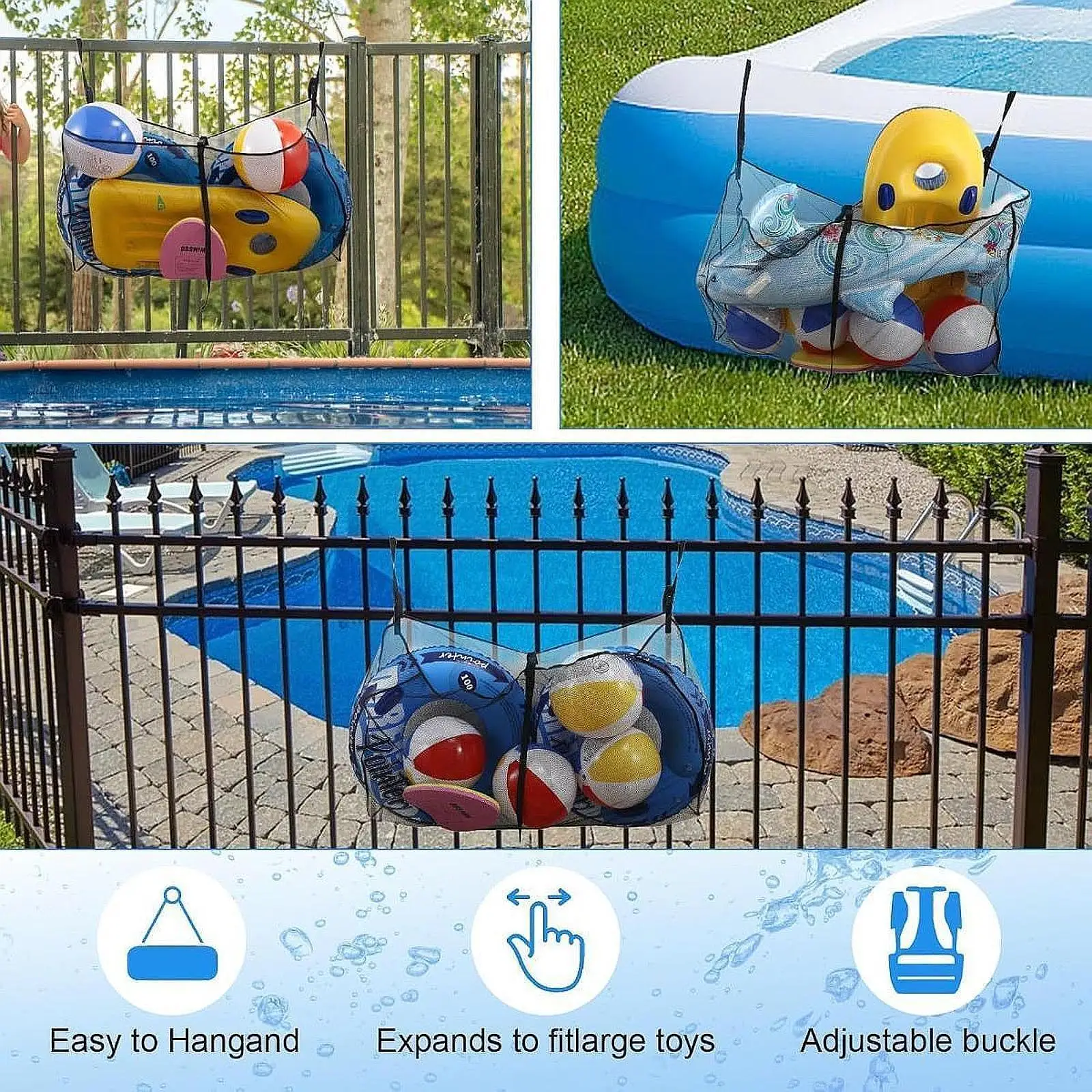 Organisateur de piscine suspendu en maille résistante, polyvalent pour radeaux, garage, terrasse