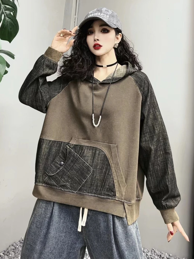 Max lulu design coreano hoodies das mulheres primavera moda casual solto com capuz denim camisolas senhoras 2024 clássico retalhos roupas