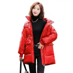 Winter New Glossy Waived Wash Down Cotton Clothes Women Mid-Length Cotton Coat Korean Version Loose Receive Waist Padded Jacket