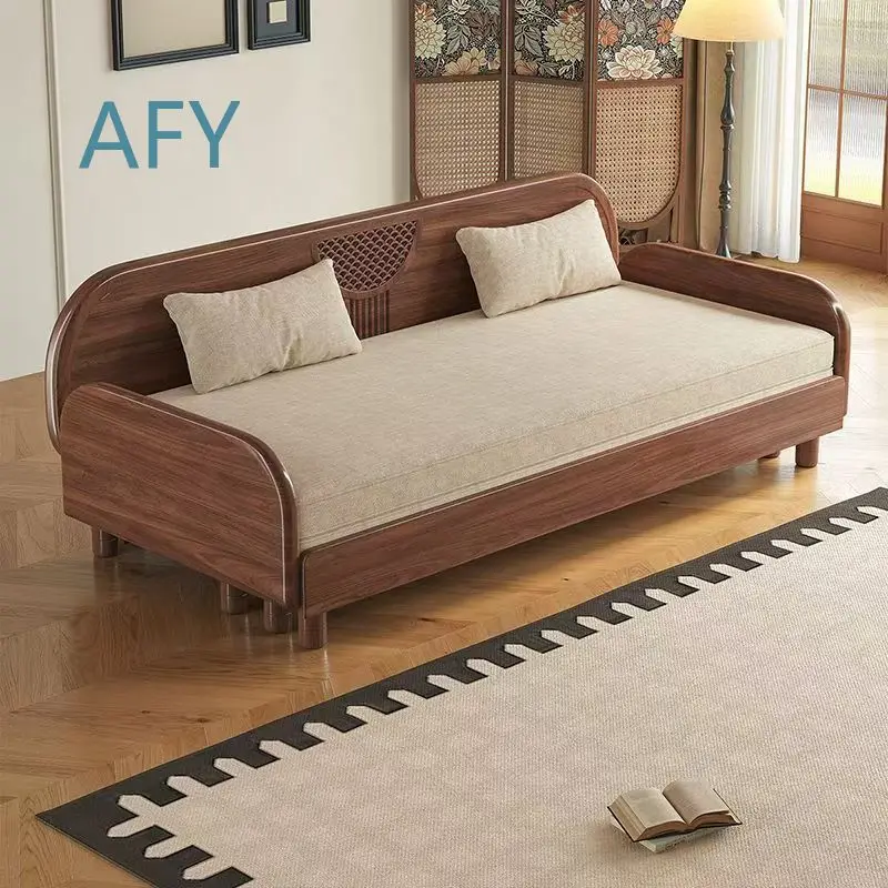 Nordic Solid Wood Folding Sofa Bed for Small Spaces Convertible Couch with Walnut Finish Fabric Upholstery for Living Room