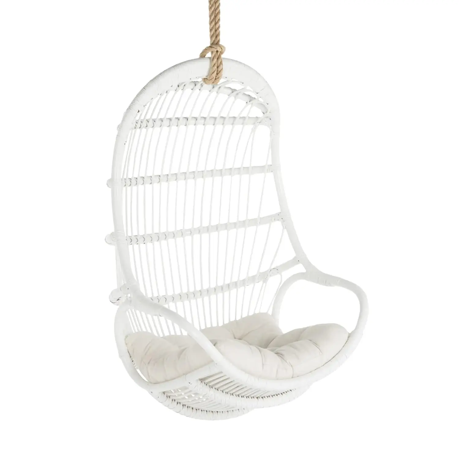 

Handwoven Rattan Swing Chair With Cushion, Coastal Hanging Seat For Bedroom Living Room Sunroom, White, Customized