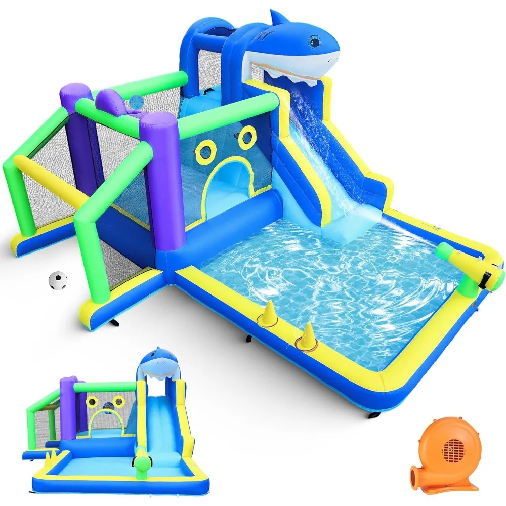 

10-in-1 Bounce House, Inflatable Water Slide w/Splash Pool, Jump Area, Climbing Wall,Basketball, Football, Ball Shootings,