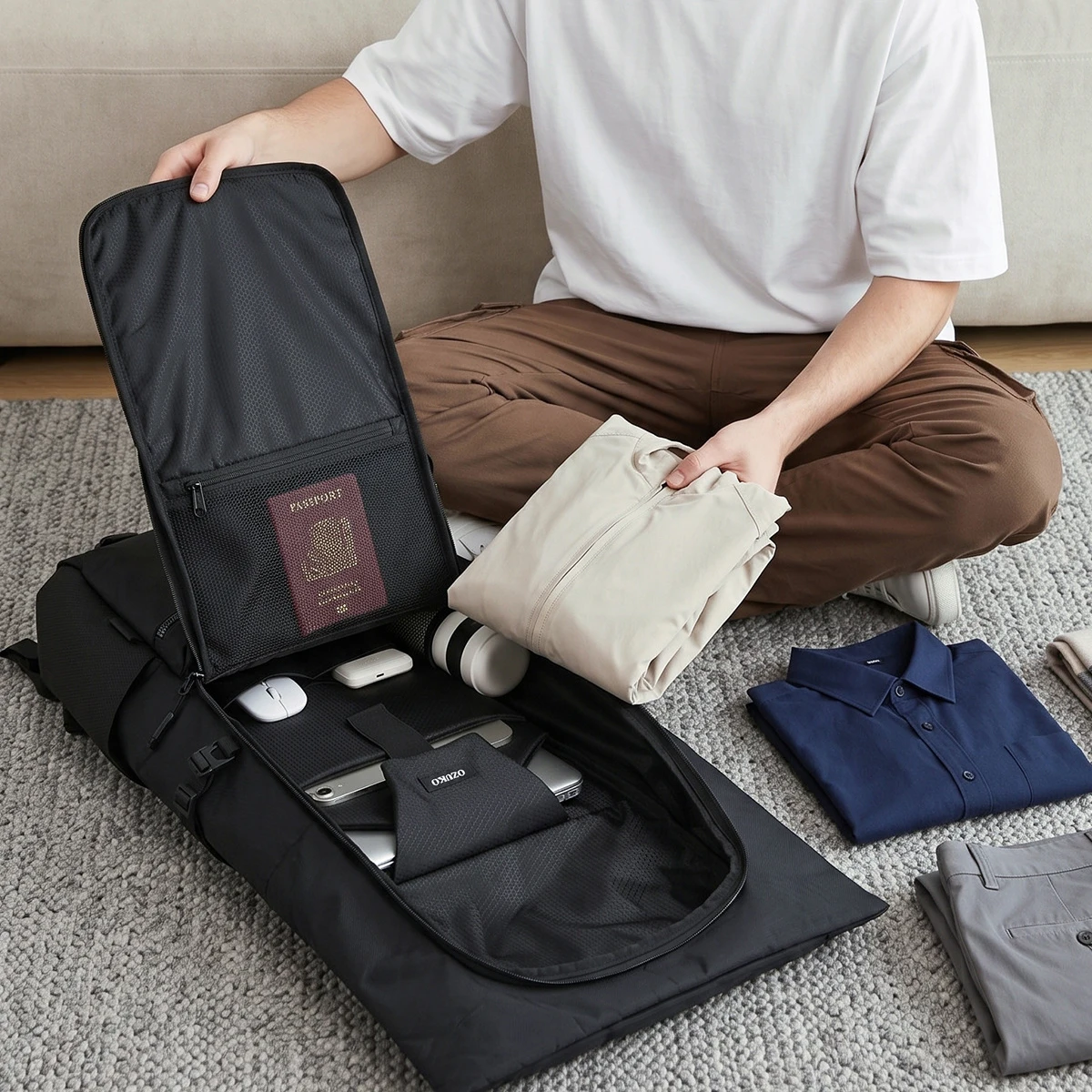 OZUKO Roll Top Backpack for Men, Multi Layer Functional Backpack with Large Opening for Storage, Commuting Travel