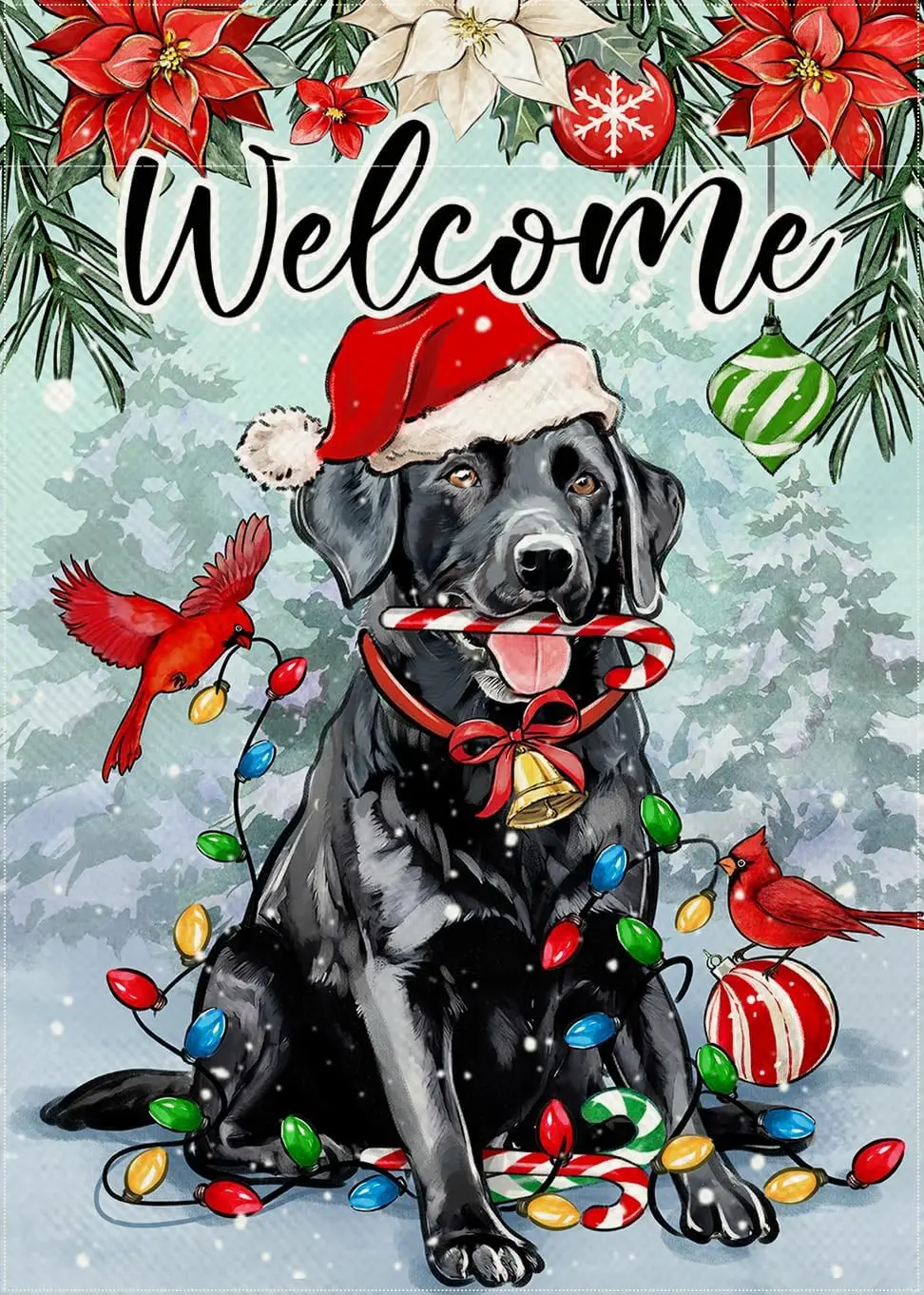 Welcome Christmas Black Labrador Dog Decorative Garden Flag, Xmas Winter Pet Cardinal Poinsettia Yard Outside Decorations Dog Lo