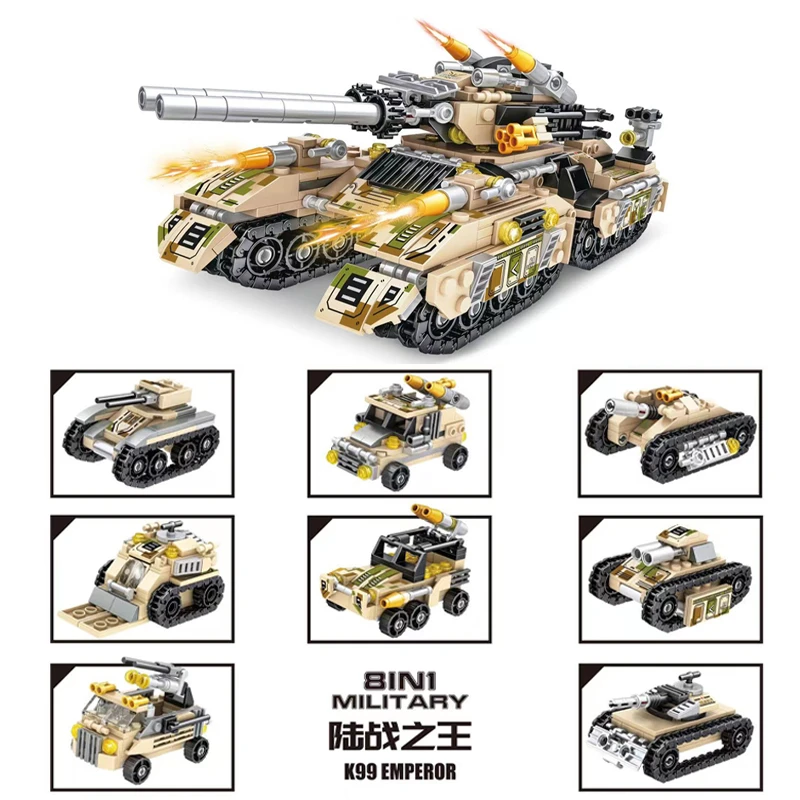 Military ww2 Vehicle Military Tank 8 in 1 Model Truck Tank Car Army Weapon Building Blocks Sets Model King Kids Toys Gift