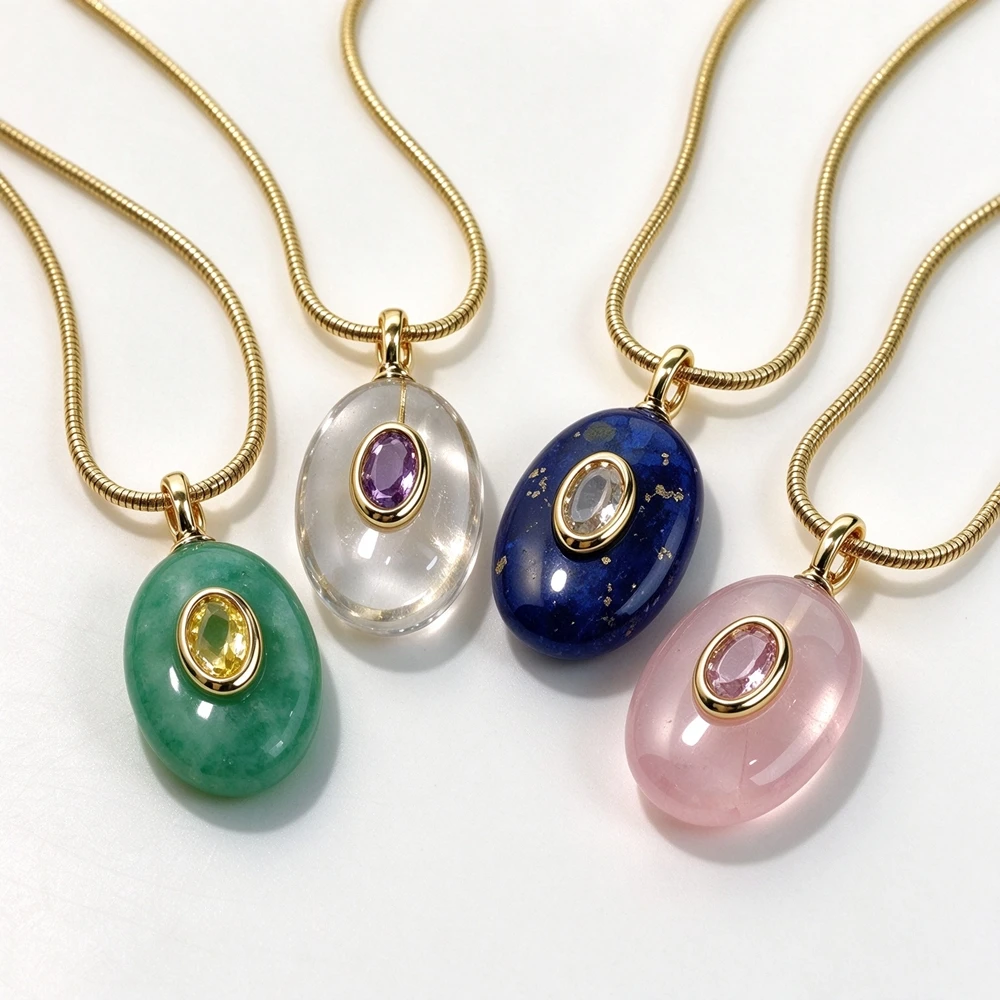 1PC Retro Oval Rock Specimen Necklace,Embedded Decorative Mineral Charm,Hand‑styled Daily Wear Jewelry Golden Plated N2C071