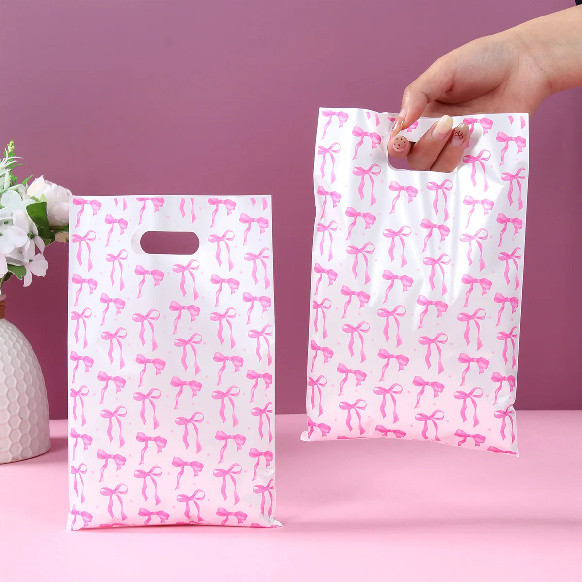 10/25/50pcs Sweet Pink Bow Plastic Gift Packing Bag Candy Cake Snack Pouch Bag for Kids Girl Birthday Baby Shower Wedding Party