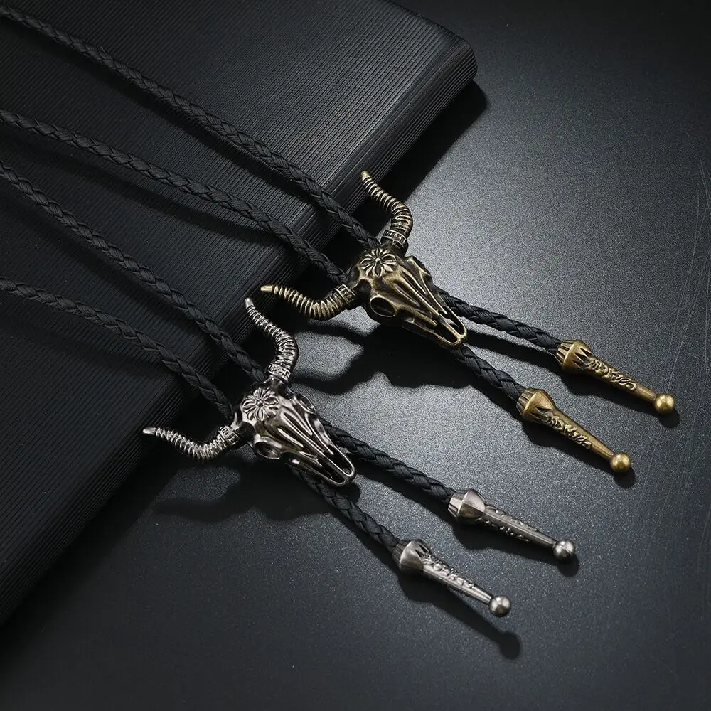 

New Arrival Long Leather Bull Head Bolo Tie Necklace for Men Vintage Jewelry Shirt Collar Bowtie Cowboy Jewelry Accessories