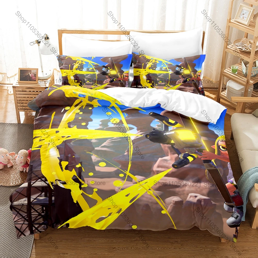 Splatoon 3 3PCS Bedding Set, Duvet Cover + 2 Pillowcases, Colorful Game Print Soft Microfiber for Gaming Fans Decor