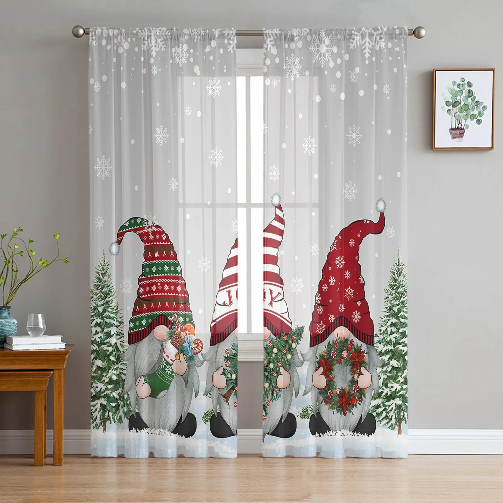 Christmas Winter Snowflake Gnome Voile Curtains For Bedroom Tulle Window Curtain For Living Room Sheer Curtains Blinds Drapes