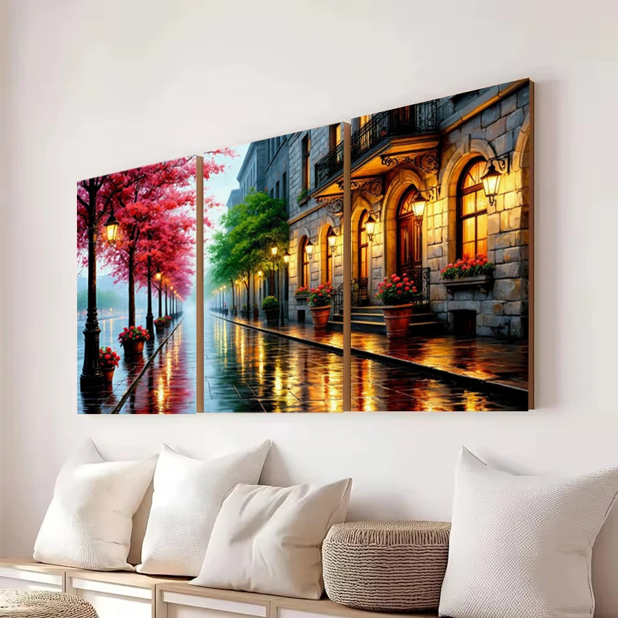 Street Light Landscape Picture New Diy Diamond Art Painting Triptych Scenery Full Drill Mosaic Embroidery Kits 3 Pieces/Set