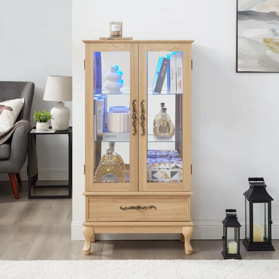 

Lighted Curio Cabinet Elegant Glass Display Cabinet with Adjustable Shelves 2 Doors and 1 Drawer Wine Storage Sideboard with In