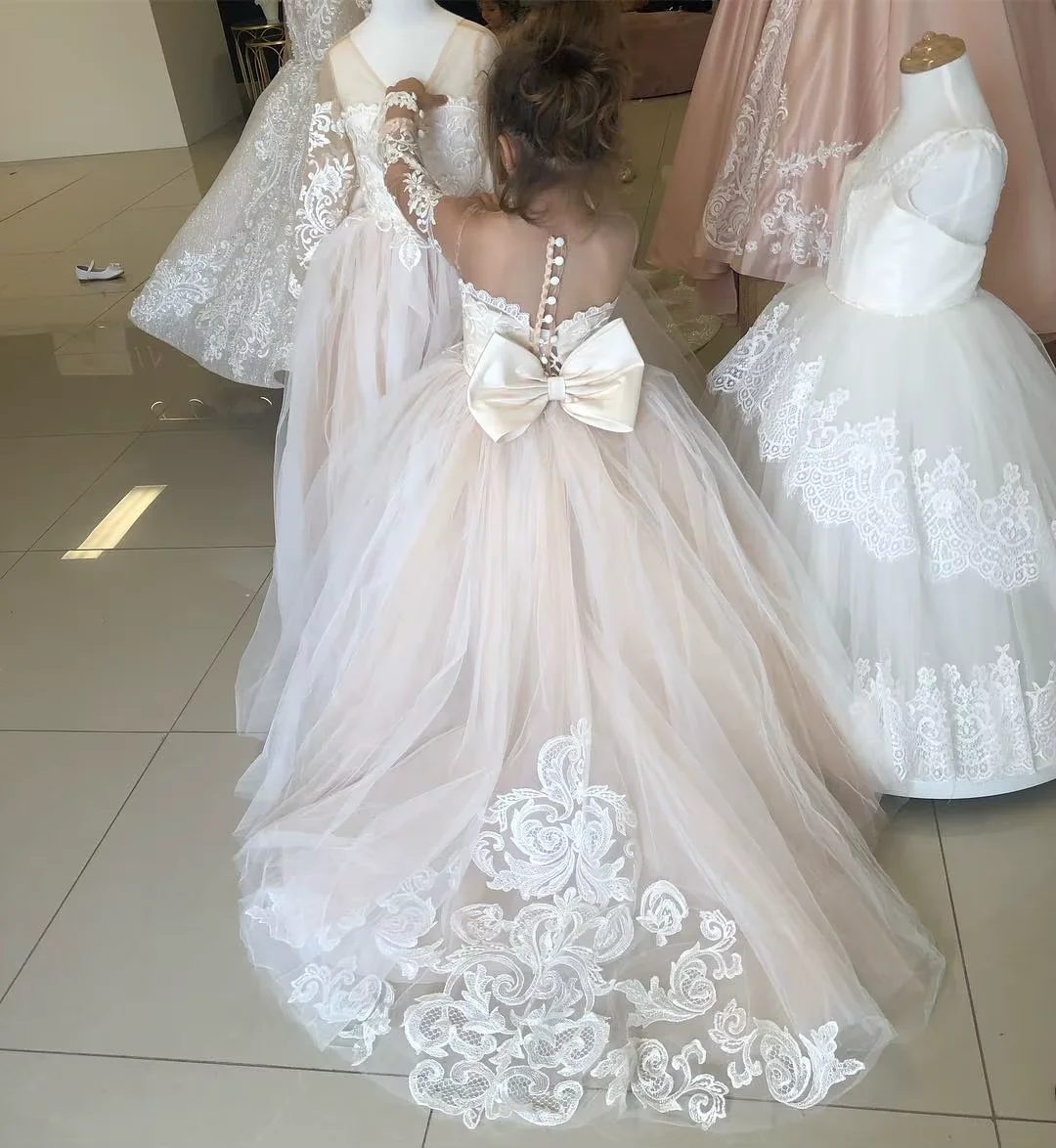 Flower Girl Dresses Ivory Tulle Puffy Tiered Sequin Long Sleeve For Wedding Birthday Party Banquet Princess Gowns