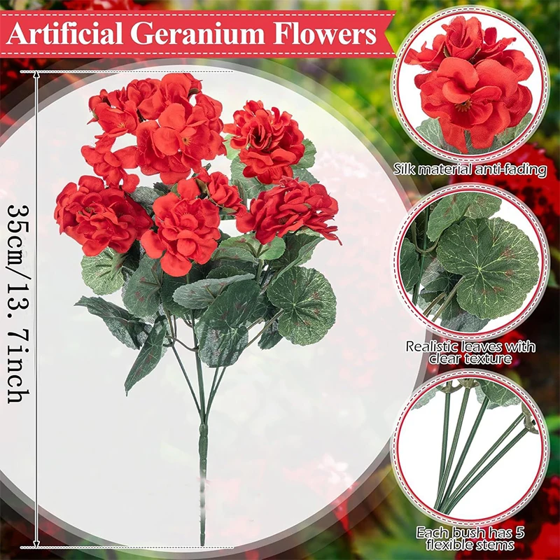 35cm Artificial Silk Geranium Flower Red Artificial Geranium for Home Wedding Vase Table Centerpiece Patio Garden Decoration