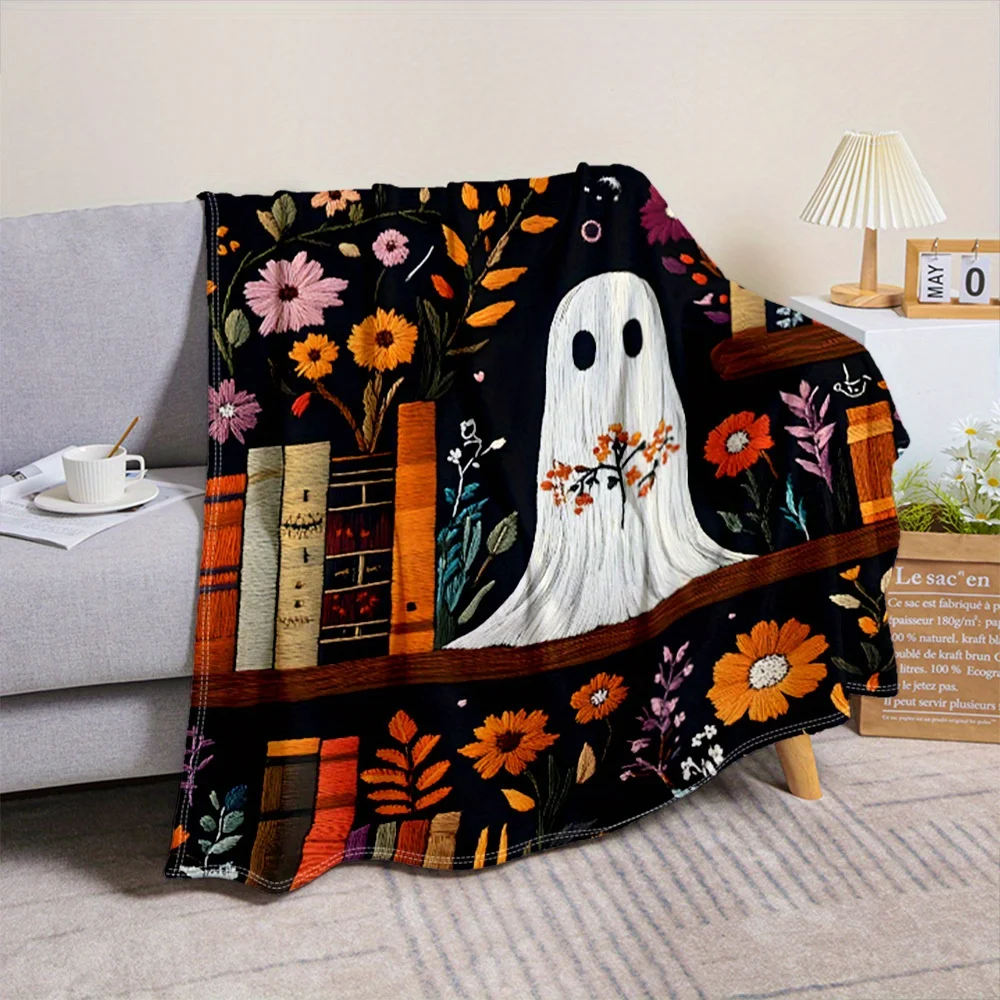 Halloween Book Shelf Ghost Throw Blanket - Traditional Style, All-Season Knitted Polyester, Cozy Plush Comfort for Sofa, Bed